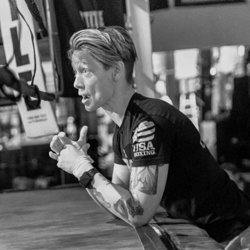 Head Coach Carrie Barry in a fighting stance at The Corner